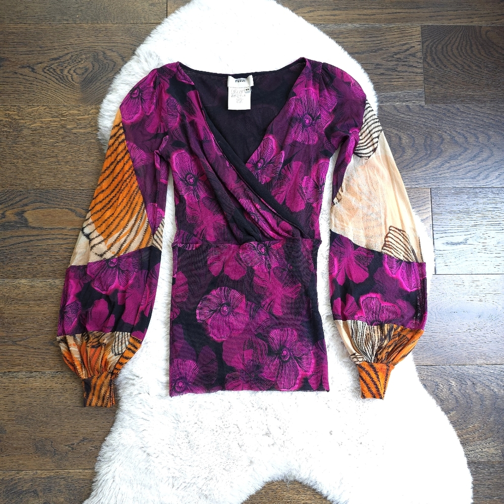 Jean Paul Gaultier X Fuzzi Patchwork Floral Faux Wrap Balloon Sleeve Top